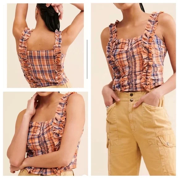 Verb by Pallavi Singhee x Anthropologie Ruffled Plaid Top Smocked Orange Medium - Picture 1 of 15